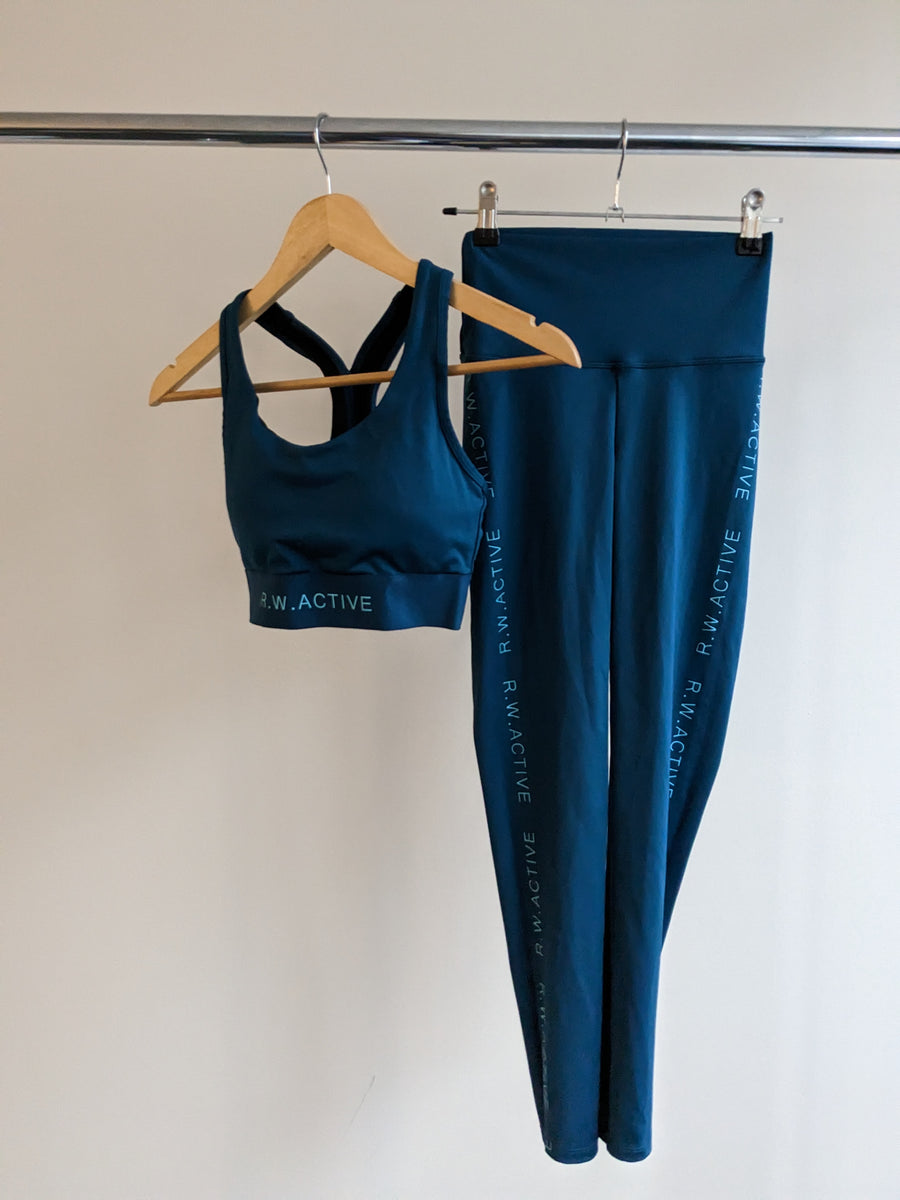 ROCKWEAR Blue/Green Hi Sprint Sports bra (AU 8) and leggings (AU 8) set