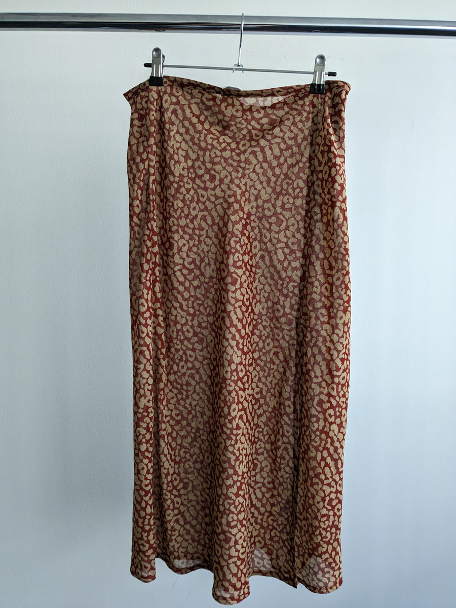 Dont Ask Amanda Red Beige Leopard Print Sheer Midi Skirt - S/M