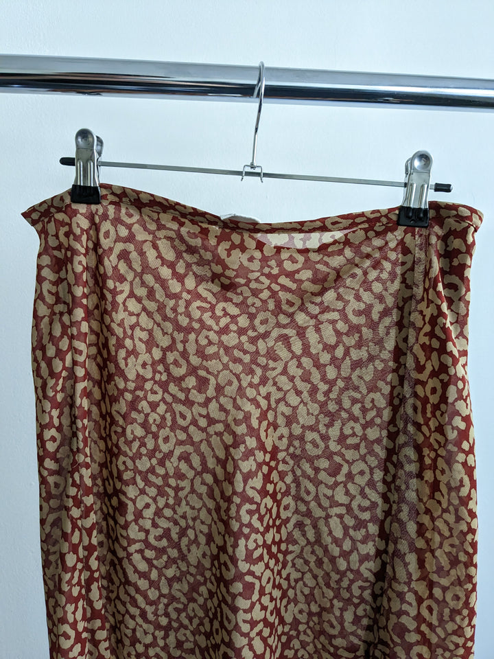 Dont Ask Amanda Red Beige Leopard Print Sheer Midi Skirt - S/M