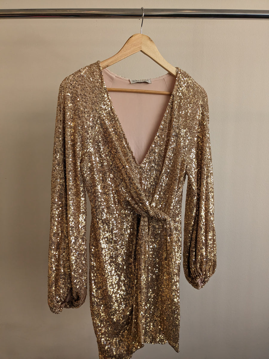 Shona Joy Golden Sequin Mini Dress - S