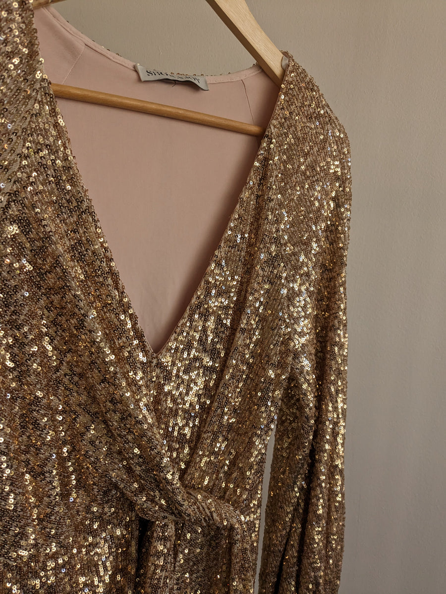 Shona Joy Golden Sequin Mini Dress - S