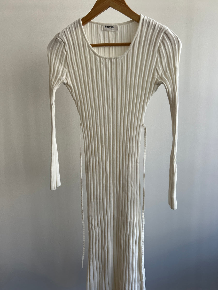 Showpo White Knit Long Sleeve Dress - AU 6