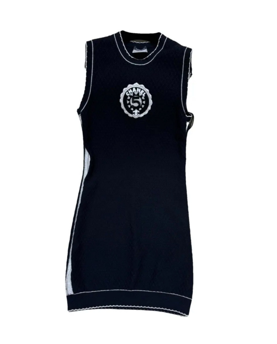 Chanel 23' Mini Black Knit Chanel 5 Logo Dress - 36 FR