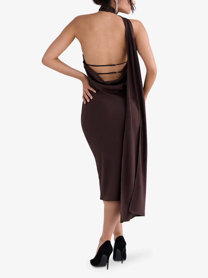 House of CB Brown Silky Midi Dress - XS
