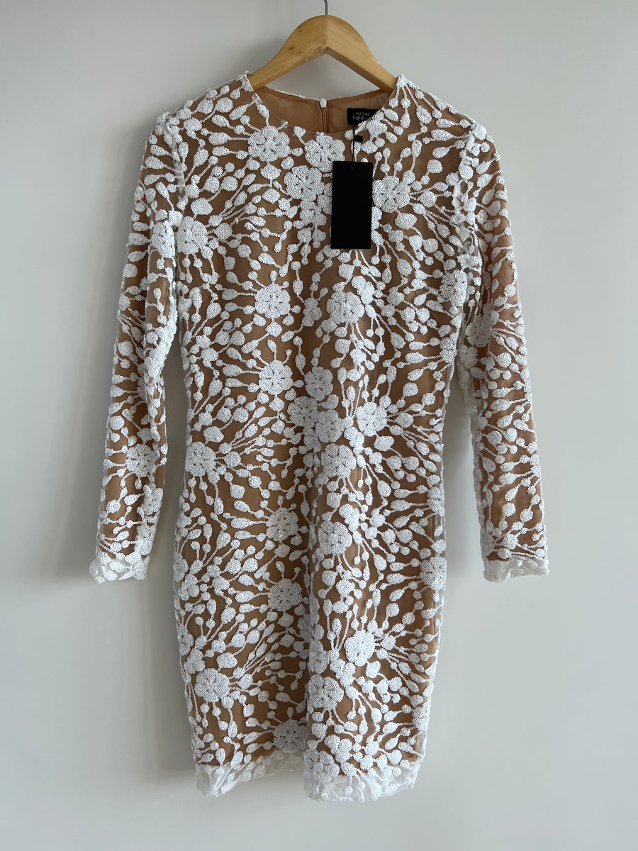 Nadine Merabi Statement Sequin Embroidered White dress - Size M