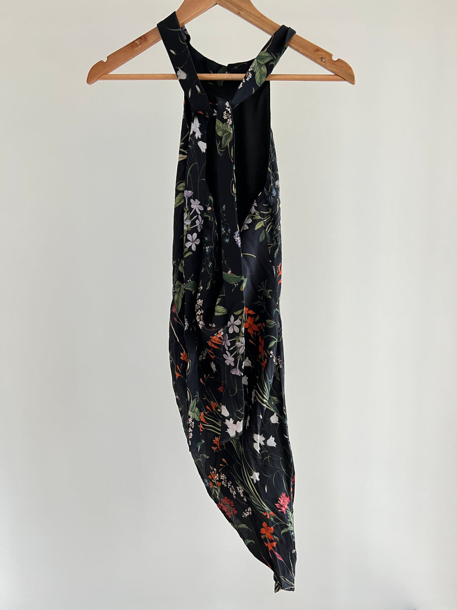 Backstage Black Asymmetric Floral Halter Neck Top (XXS) and Pants (XS) Set
