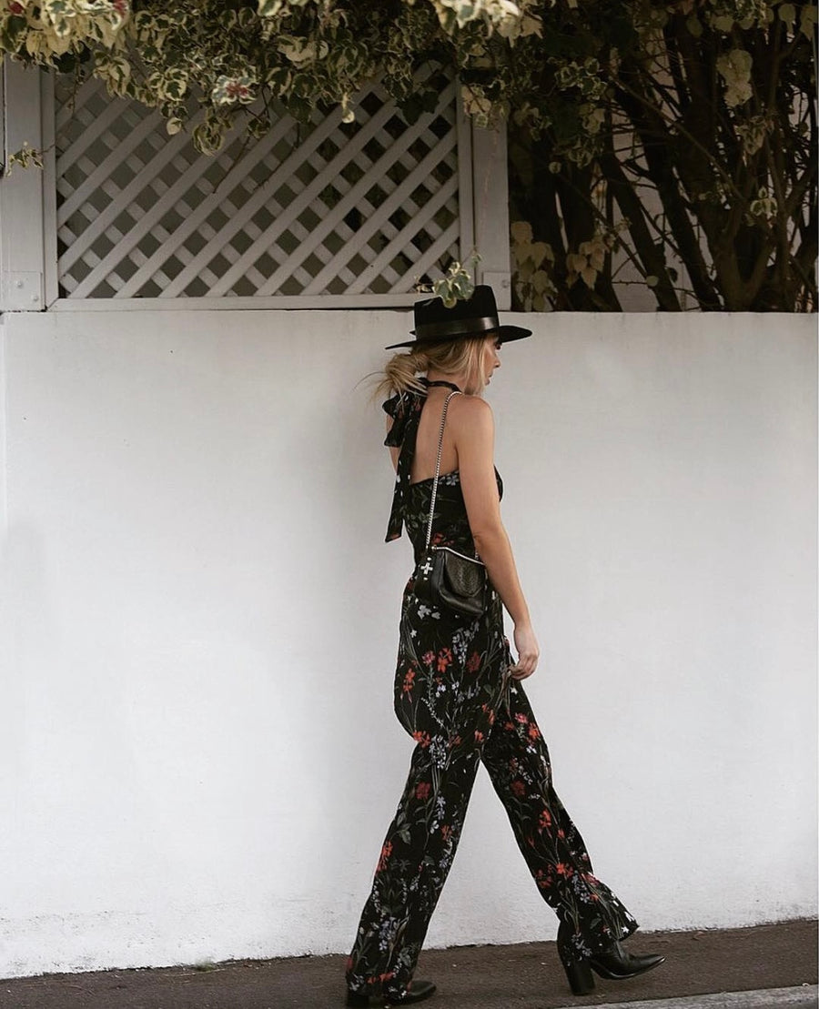 Backstage Black Asymmetric Floral Halter Neck Top (XXS) and Pants (XS) Set
