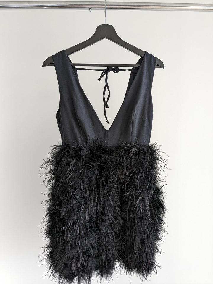 Club London Black Plunge Front V-Neck Feather Mini Dress - AU 8