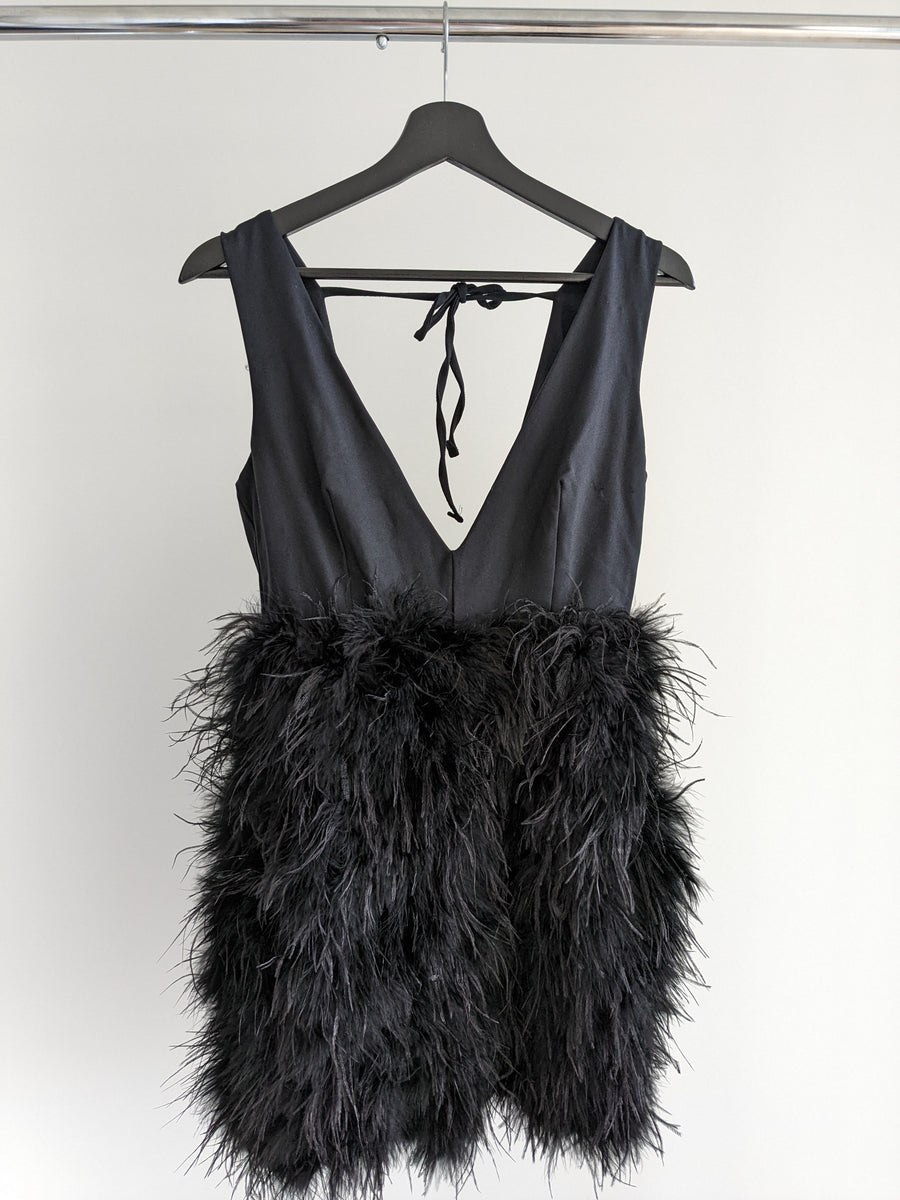 Club London Black Plunge Front V-Neck Feather Mini Dress - AU 8