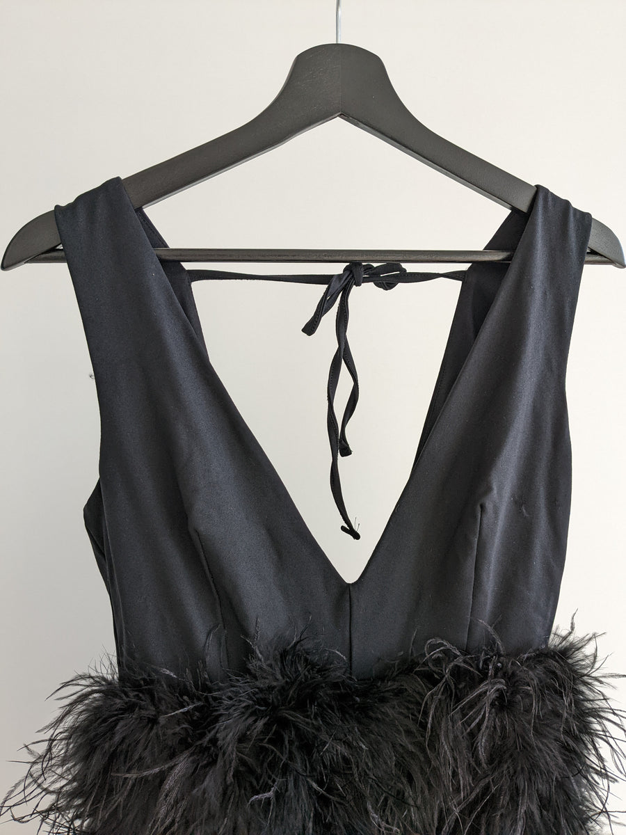 Club London Black Plunge Front V-Neck Feather Mini Dress - AU 8