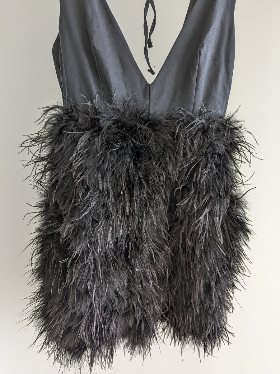 Club London Black Plunge Front V-Neck Feather Mini Dress - AU 8