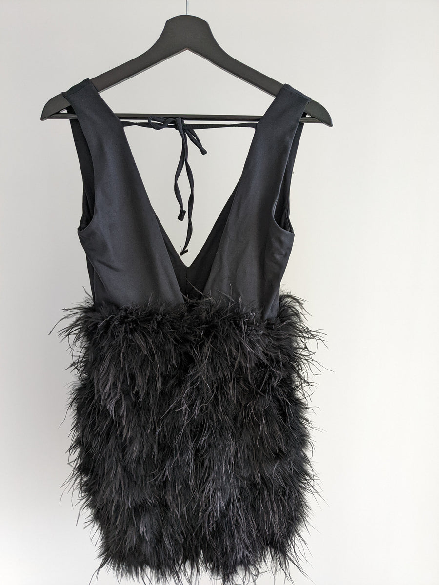 Club London Black Plunge Front V-Neck Feather Mini Dress - AU 8