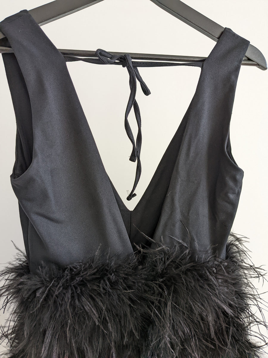 Club London Black Plunge Front V-Neck Feather Mini Dress - AU 8