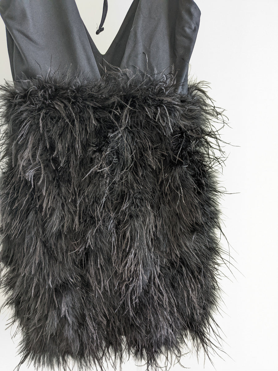 Club London Black Plunge Front V-Neck Feather Mini Dress - AU 8