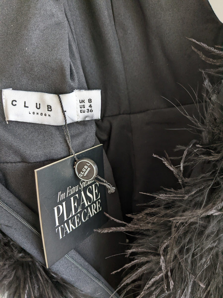 Club London Black Plunge Front V-Neck Feather Mini Dress - AU 8