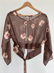 H&M Brown Pink Floral Mesh Shirt - Size AU 8