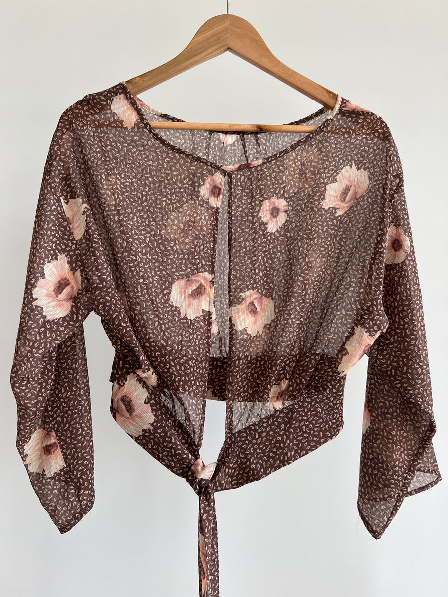 H&M Brown Pink Floral Mesh Shirt - Size AU 8