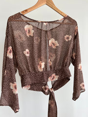 H&M Brown Pink Floral Mesh Shirt - Size AU 8