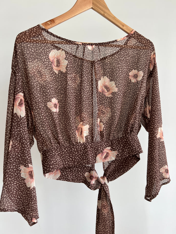 H&M Brown Pink Floral Mesh Shirt - Size AU 8