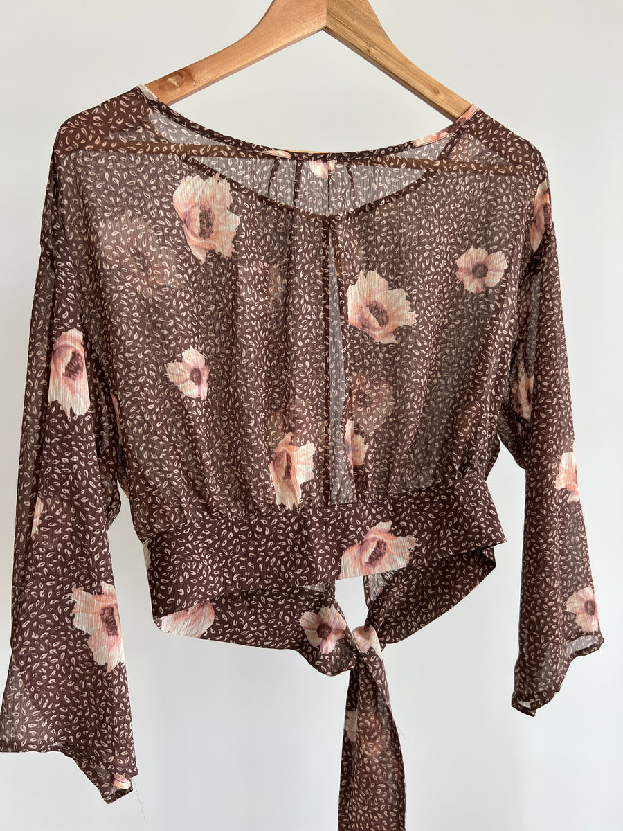 H&M Brown Pink Floral Mesh Shirt - Size AU 8