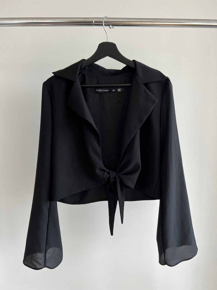 Backstage Black Cropped Bow-Tie Shirt - Size XS