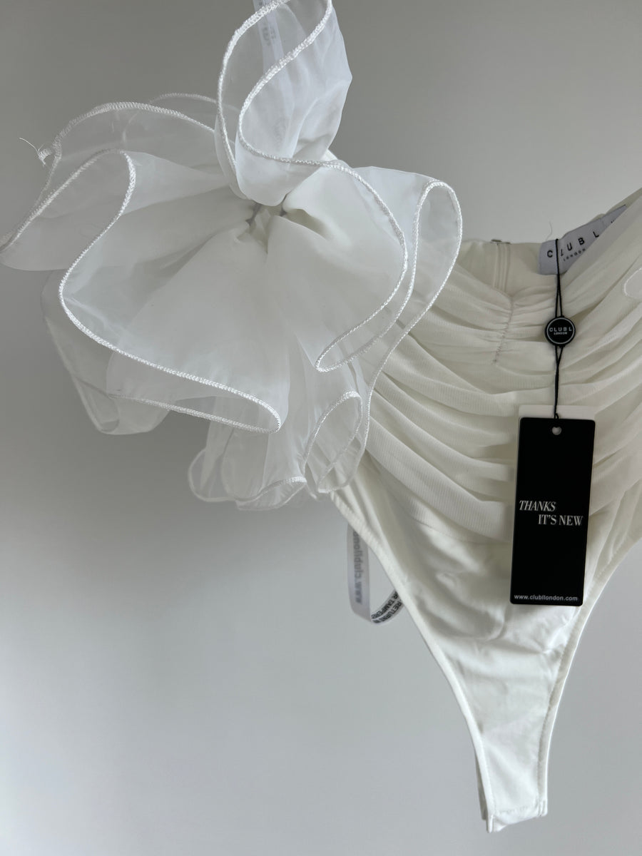 Club London Scandalous White Organza Sleeve Bodysuit with Mesh Overlay - AU 6