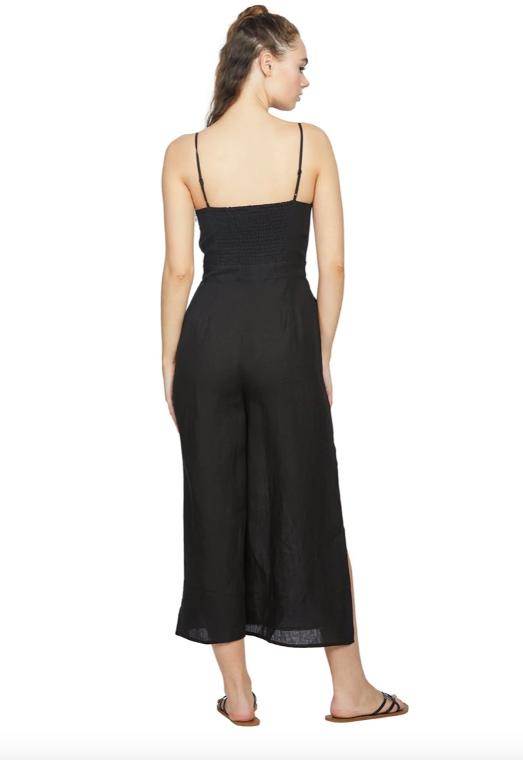 Seafolly Sunflower Tie Front See Through Black Linen Jumpsuit - Size S