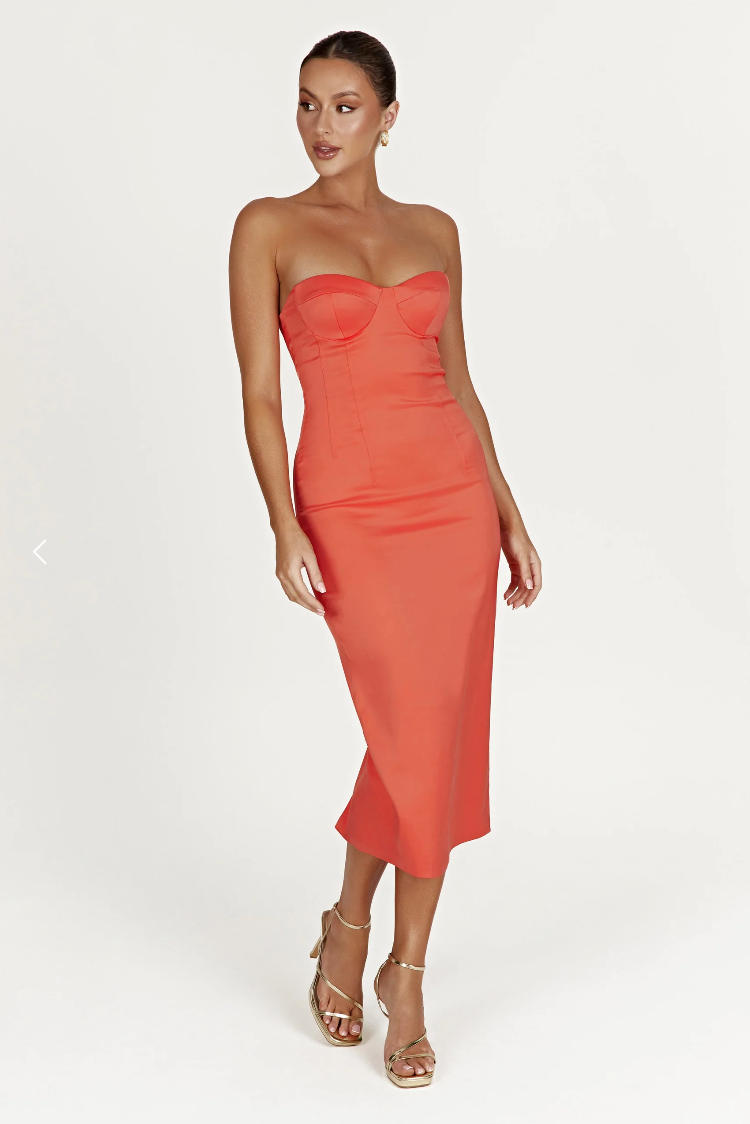 Meshki Coral Orange Bryony Cupped Bodycon Midi Dress S flashbackshop