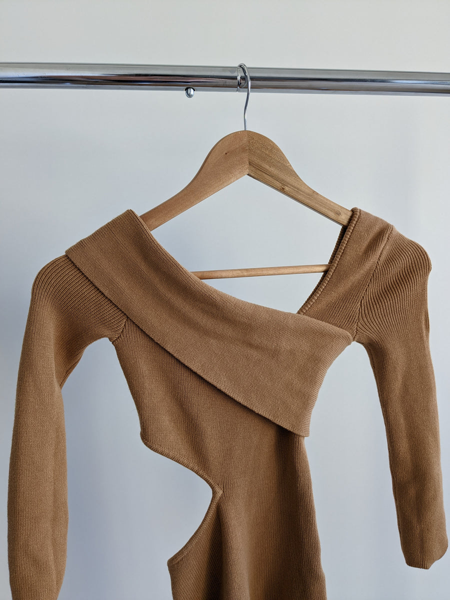 NBD Brown Anora Knit Long Sleeve Sweater Dress - XS