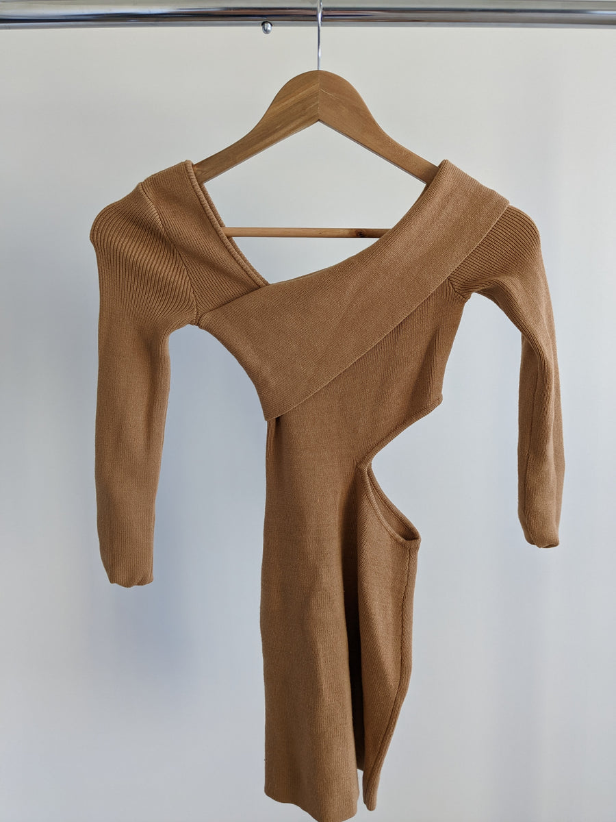 NBD Brown Anora Knit Long Sleeve Sweater Dress - XS