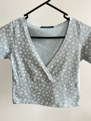 Brandy Melville Light Blue Floral Print V-Neck Top