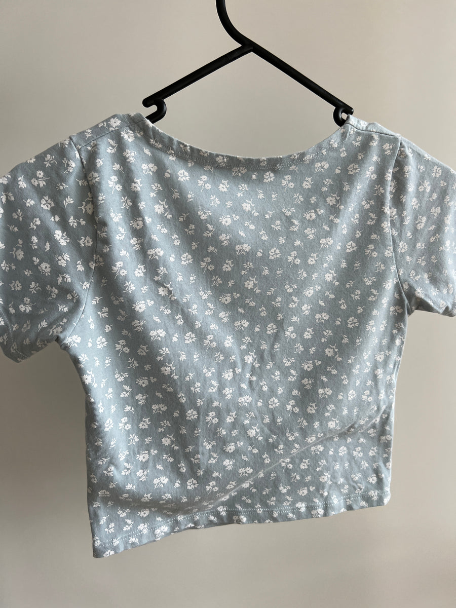Brandy Melville Light Blue Floral Print V-Neck Top