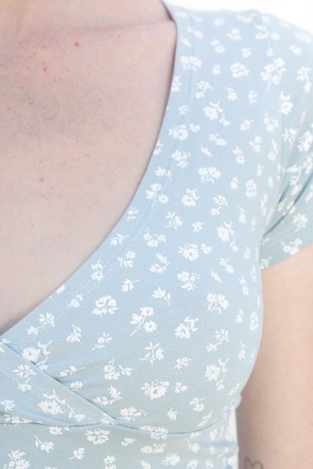Brandy Melville Light Blue Floral Print V-Neck Top