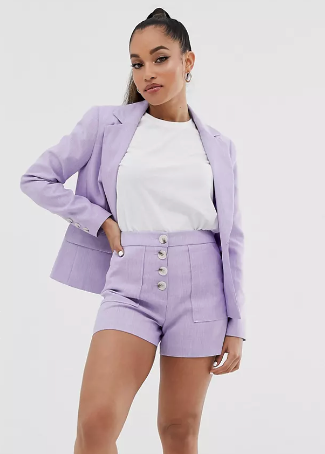 Miss Selfridge Petite tailored shorts with button detail in lilac - UK 4