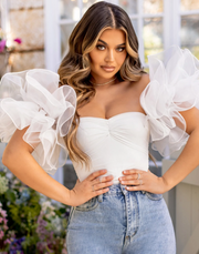Club London Scandalous White Organza Sleeve Bodysuit with Mesh Overlay - AU 6