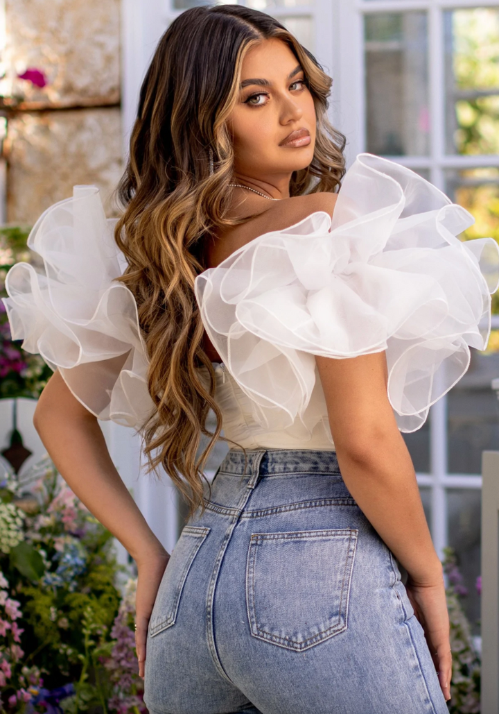Club London Scandalous White Organza Sleeve Bodysuit with Mesh Overlay - AU 6