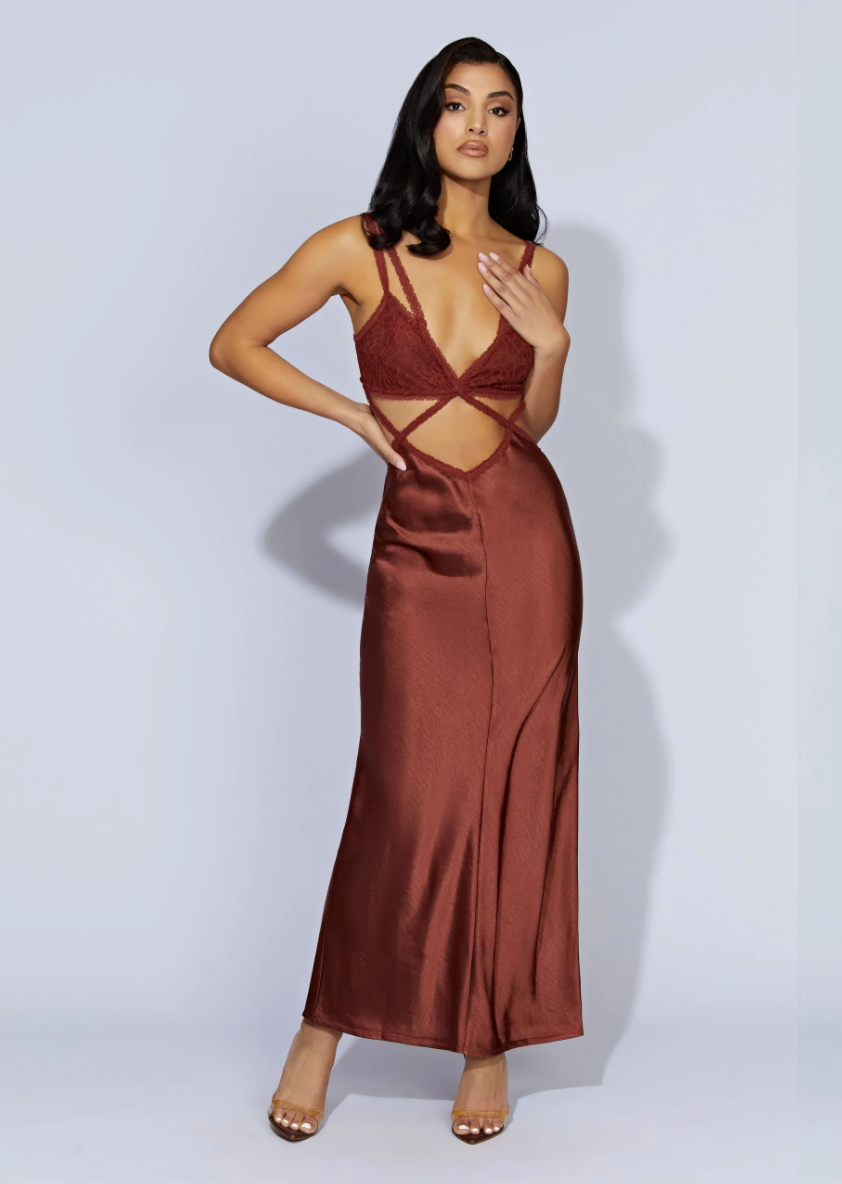 Meshki Cherry Chocolate Seraphine Lace Maxi Dress - XS