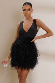 Club London Black Plunge Front V-Neck Feather Mini Dress - AU 8