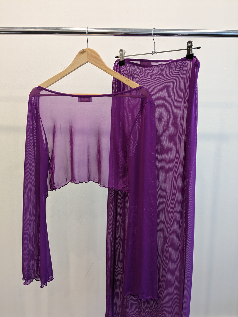 Meshki Purple Mesh Maxi Skirt And Wrap Blouse Top Set - XXL