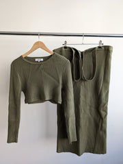 Dazie Olive Green Ribbed Knit Top & Midi Skirt - AU 16