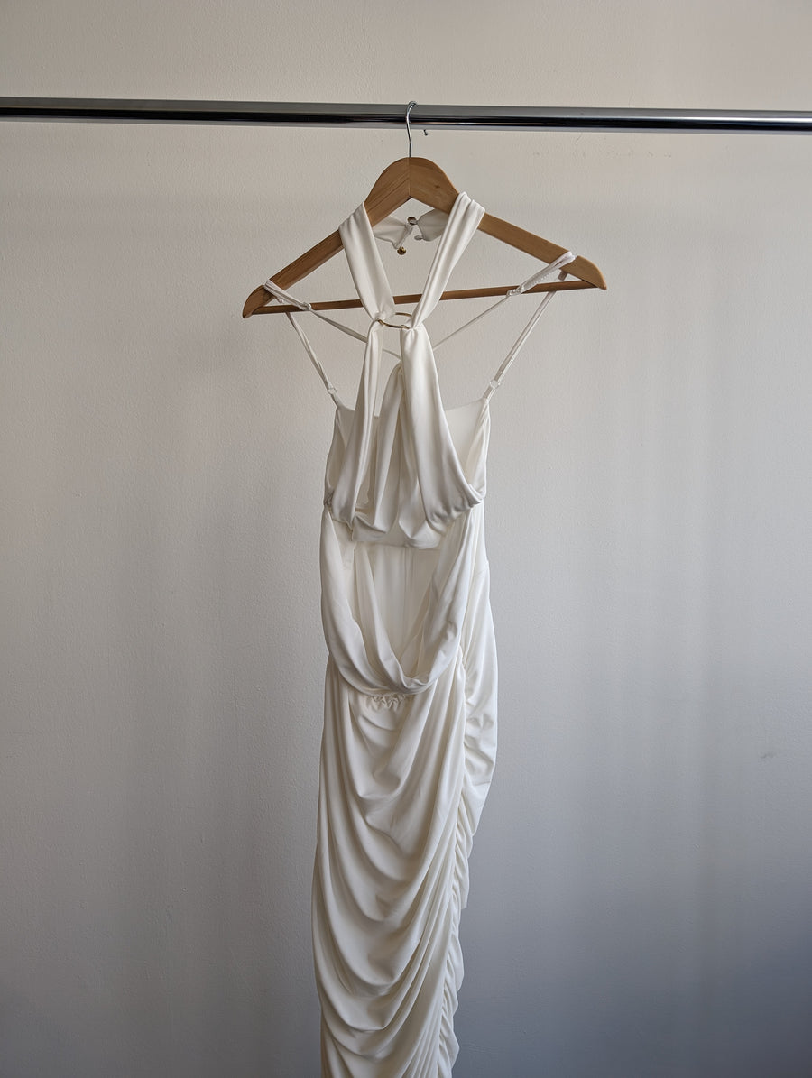 Club London White Ruched Open Front Maxi Dress - AU 16