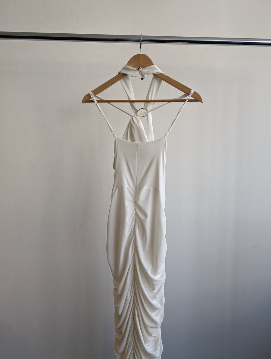 Club London White Ruched Open Front Maxi Dress - AU 16