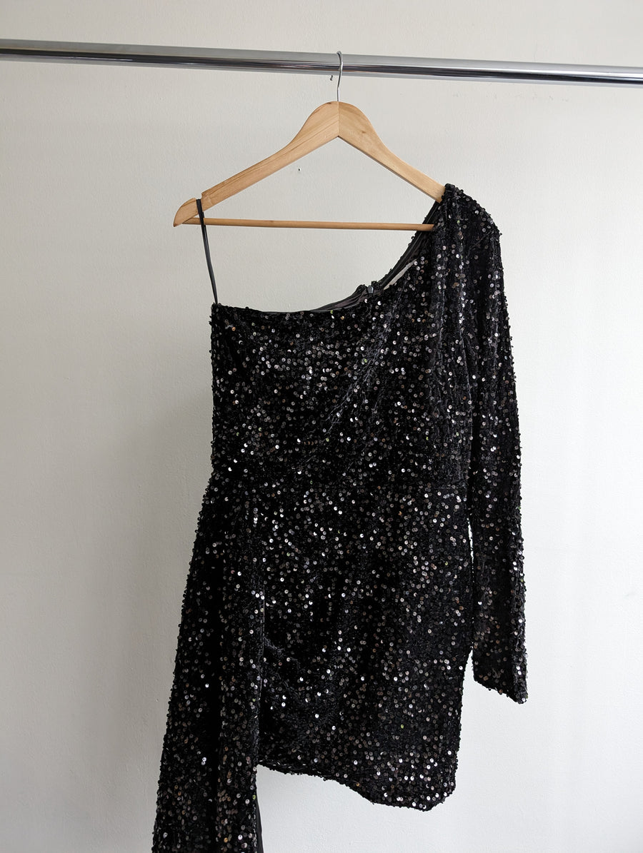 Club London Black Sequin One Shoulder Mini Dress - AU 16