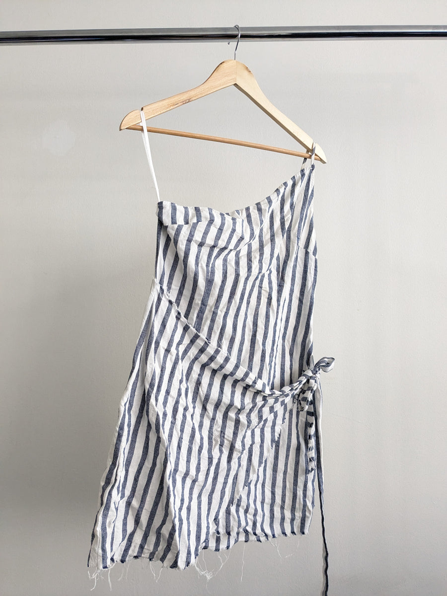 Vanilla Mint Blue and White Line Stripped Ripped Linen Mini Dress - AU 10