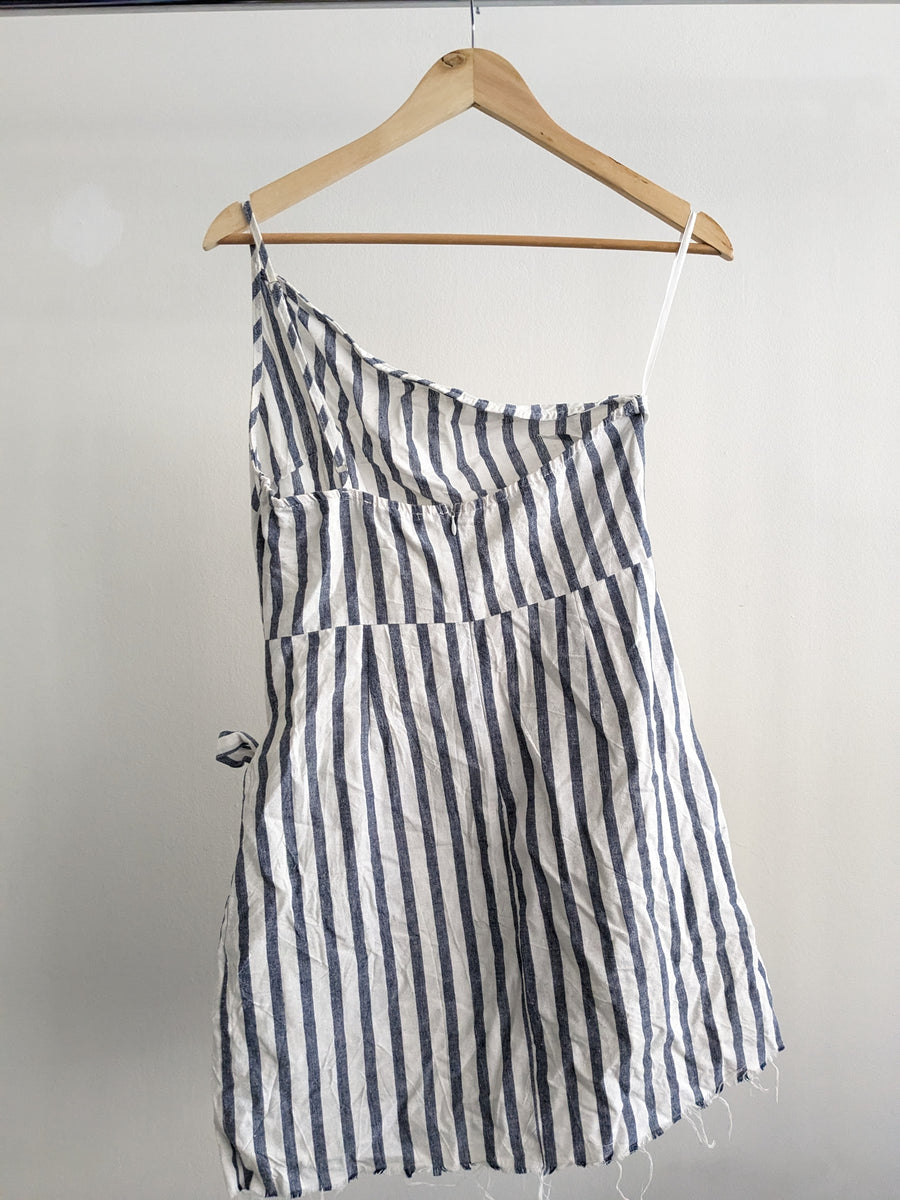 Vanilla Mint Blue and White Line Stripped Ripped Linen Mini Dress - AU 10