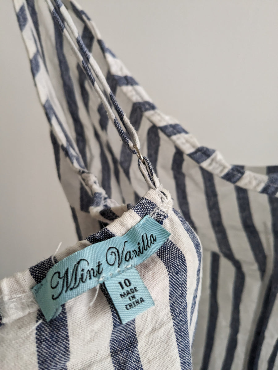 Vanilla Mint Blue and White Line Stripped Ripped Linen Mini Dress - AU 10