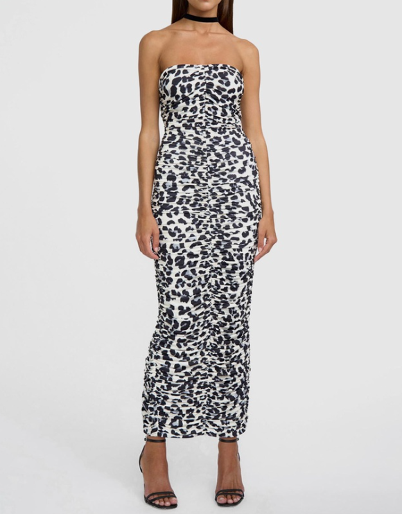 By Johnny Black & White Leopard Gather Strapless Midi Dress - AU 12 (new collection)