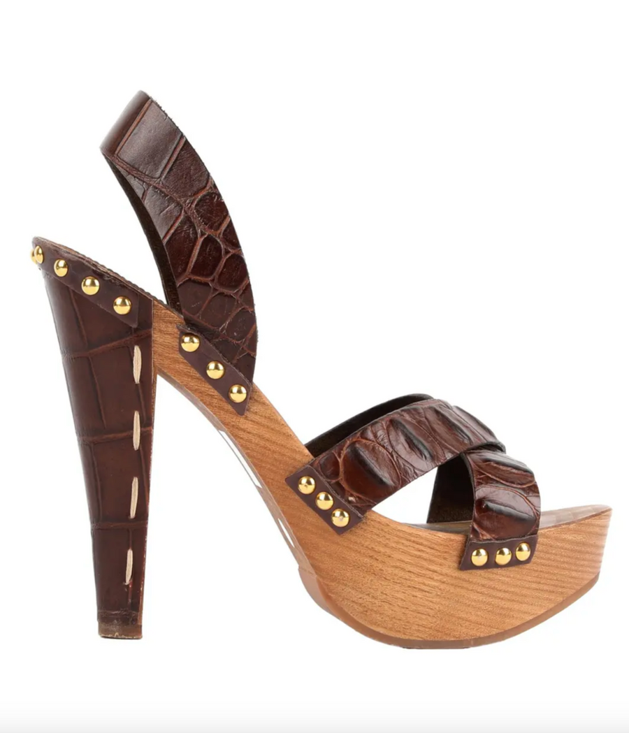 Miu Miu Brown Croc Leather Wood Heels - EU 38.5