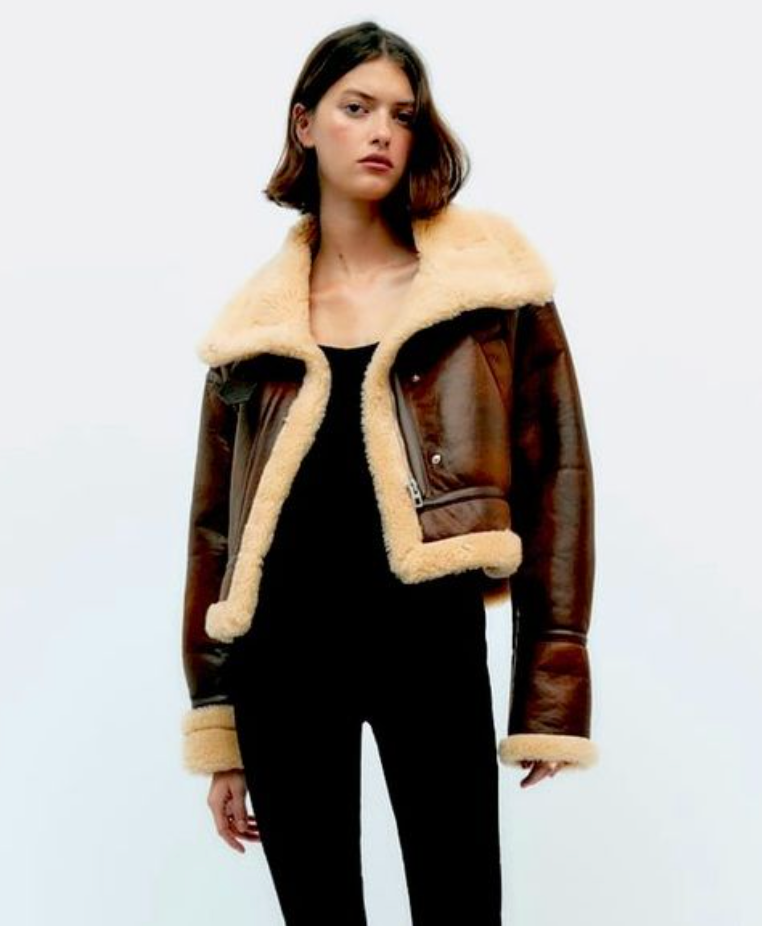 Zara faux shearling brown jacket with beige furry inside - S