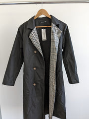 Boohoo Black Check Collar Belted Trench Coat - AU 8